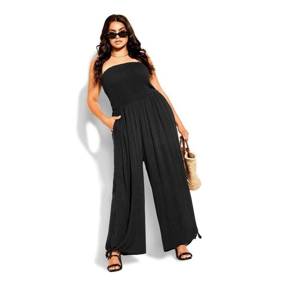 City Chic Jumpsuit Smocked Black Strapless Pockets Plus 18 18W NWT Boho Gypsy